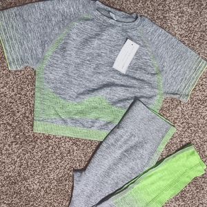 Women's Astoria Ribbed Activewear Set sz Large, Grey and Lime Green